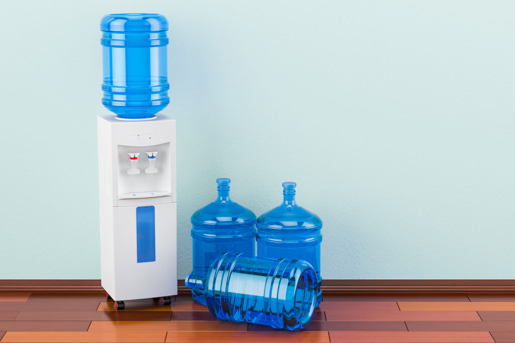 Artezia Water cooler with water dispenser bottles on the wooden floor in the room, 3D rendering